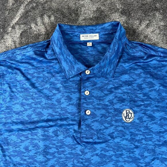 Peter Millar Summer Comfort Fish Camo Print Polo Blue Men's XL Performance Golf - Picture 4 of 10